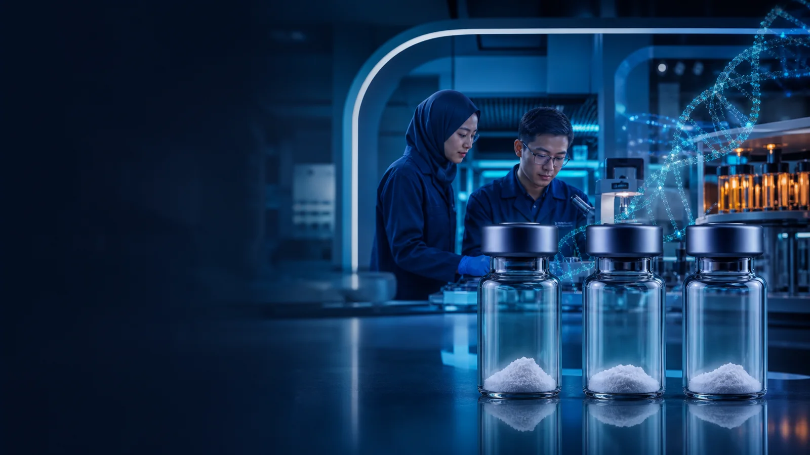 Malay and Chinese Malaysian researchers beside peptide powder vials in a precision laboratory